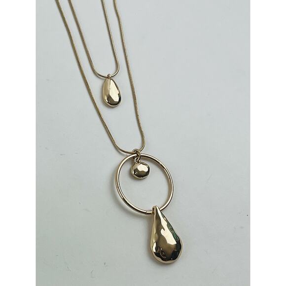 Versona Necklace Gold Tone Hammered 2 Strand Teardrop 3 Pendant Hoop Ring Long - Picture 1 of 12